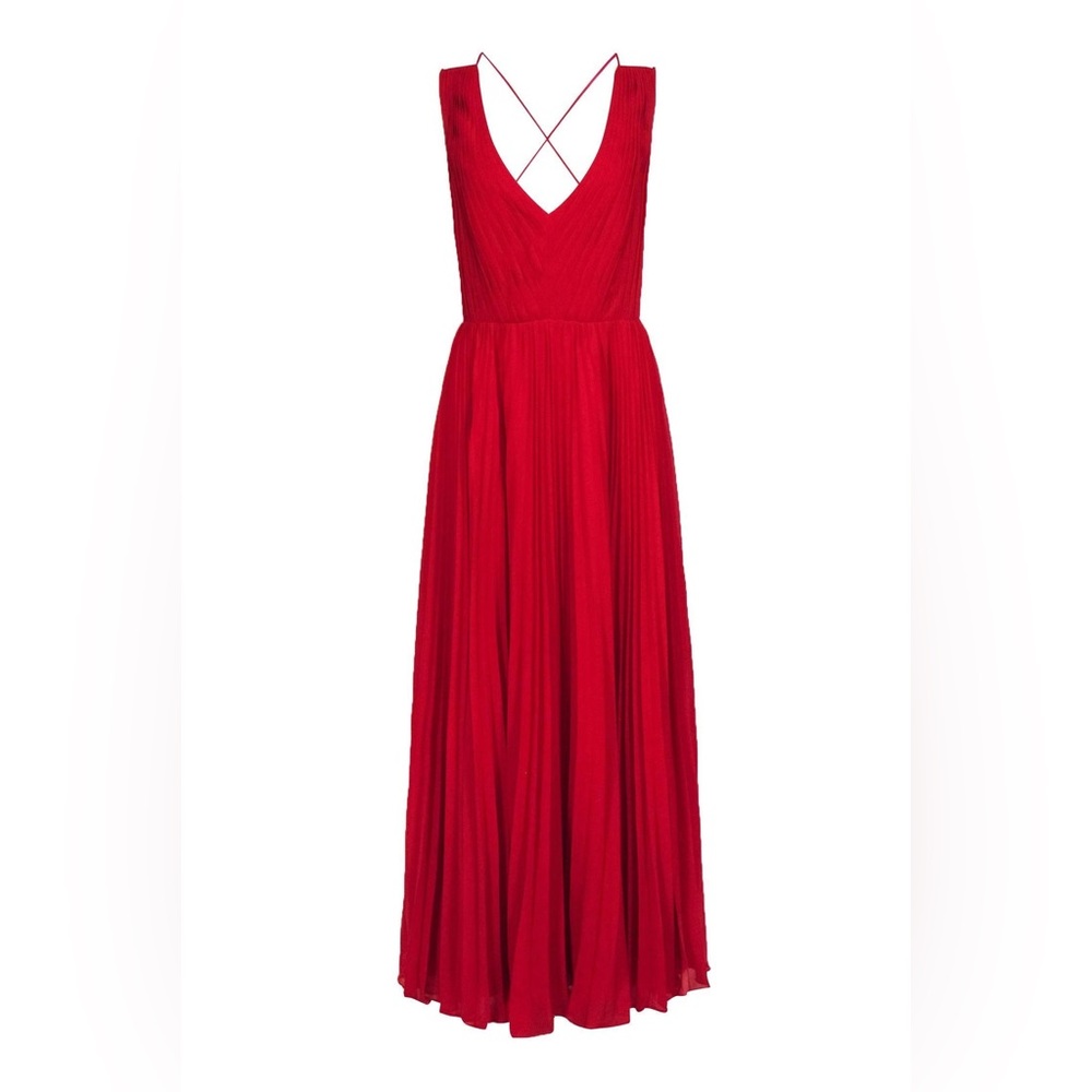 Fame and Partners - Red Sleeveless Pleated Gown w/ Crisscross Back M43